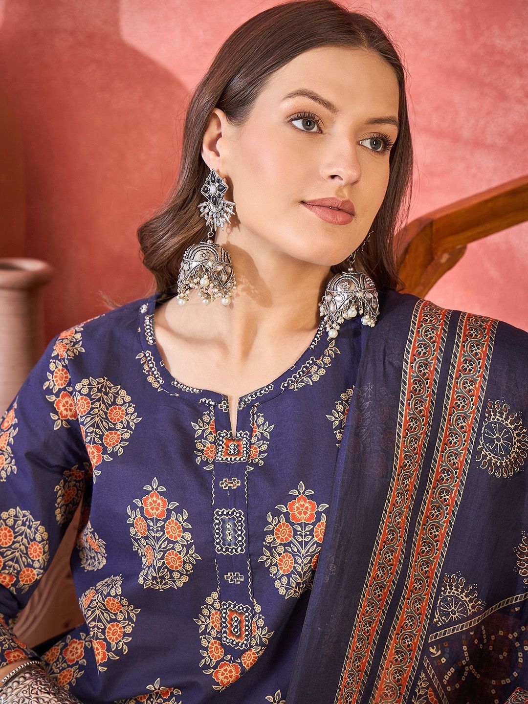 Dhiyona SN Women's Ethnic Motifs Printed Pure Cotton Straight Kurta With Trousers & Dupatta