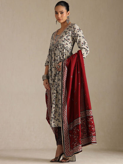 Dhiyona SO Women's Women Floral Printed Sequinned V-Neck Kurta with Trousers & With Dupatta