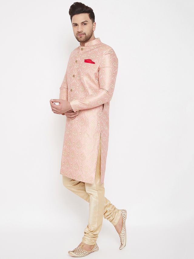 Men's Pink Silk Blend Straight Sherwani Set