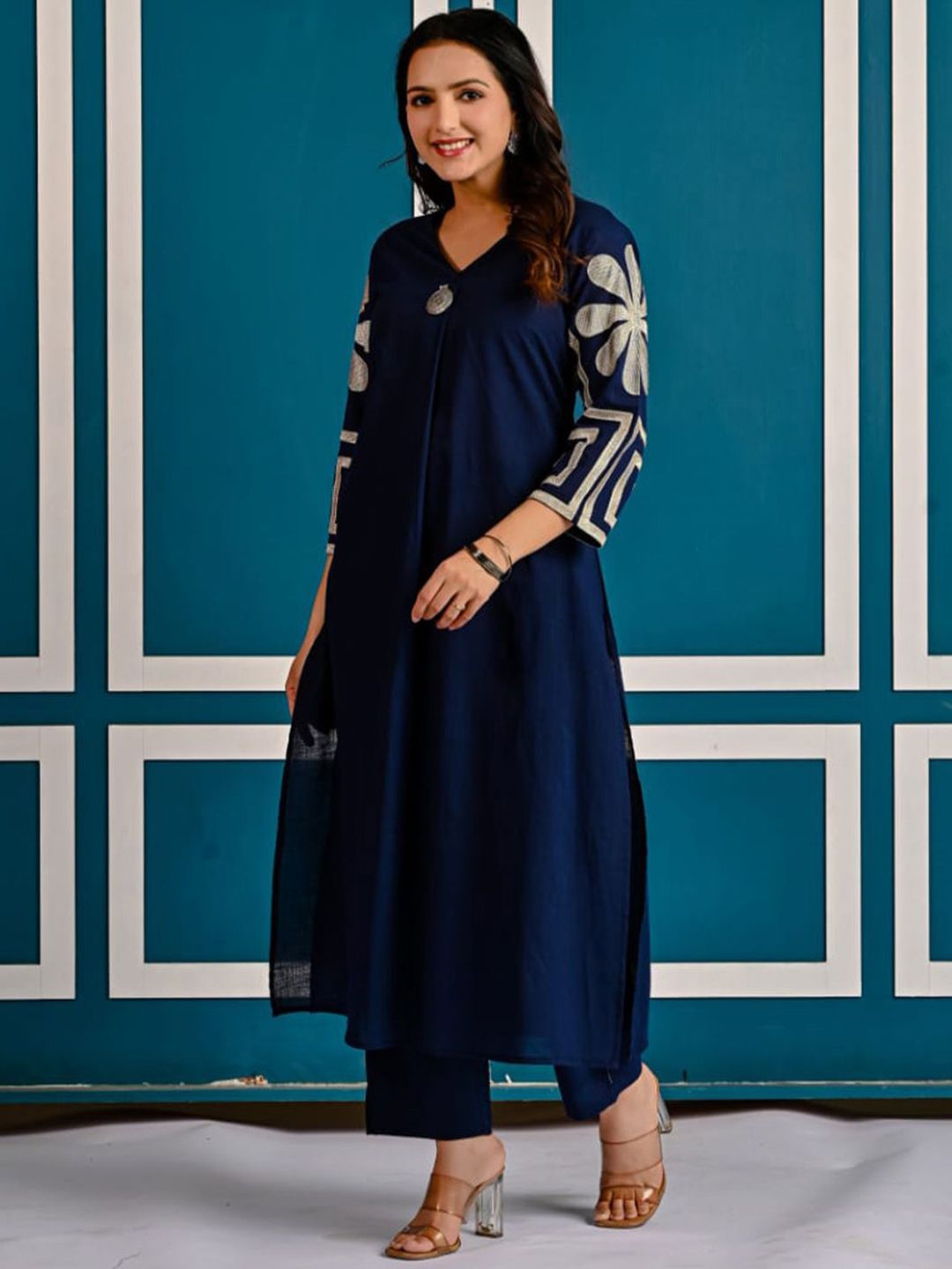 Women Embroidered Regular Thread Work Pure Cotton A-Line Kurta with Trousers