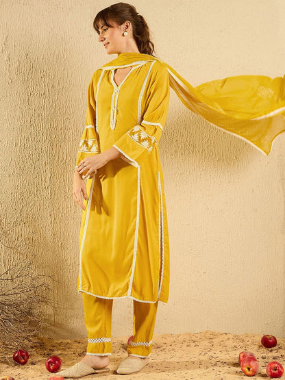 Dhiyona IE Women Ethnic Motifs Embroidered Regular Thread Work Kurta with Trousers & With Dupatta