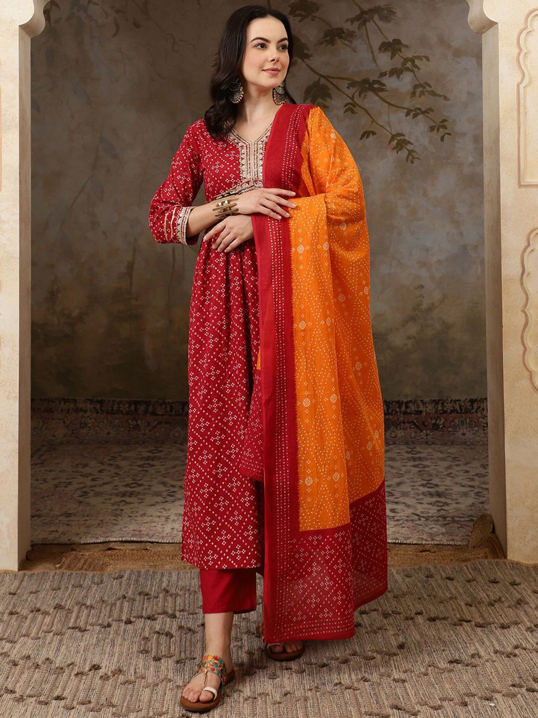 Dhiyona SN Women's Bandhani Printed V Neck Pure Cotton A Line Kurta & Trousers With Dupatta