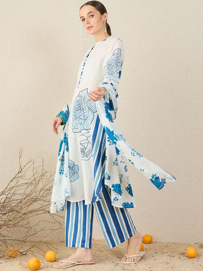 Floral Printed Pure Cotton Kurta With Trouser & Dupatta