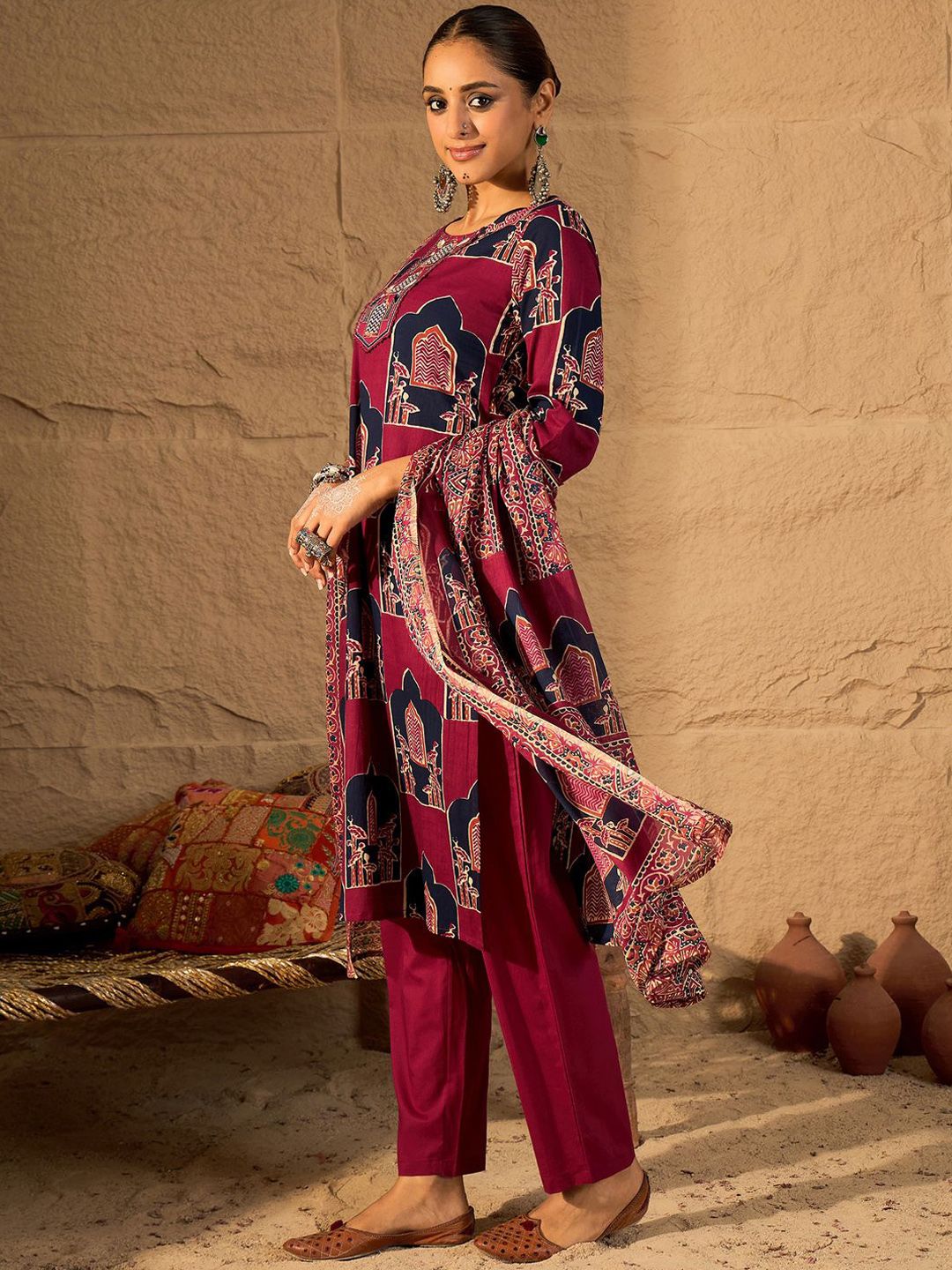 Printed Straight Kurta & Trousers With Dupatta set