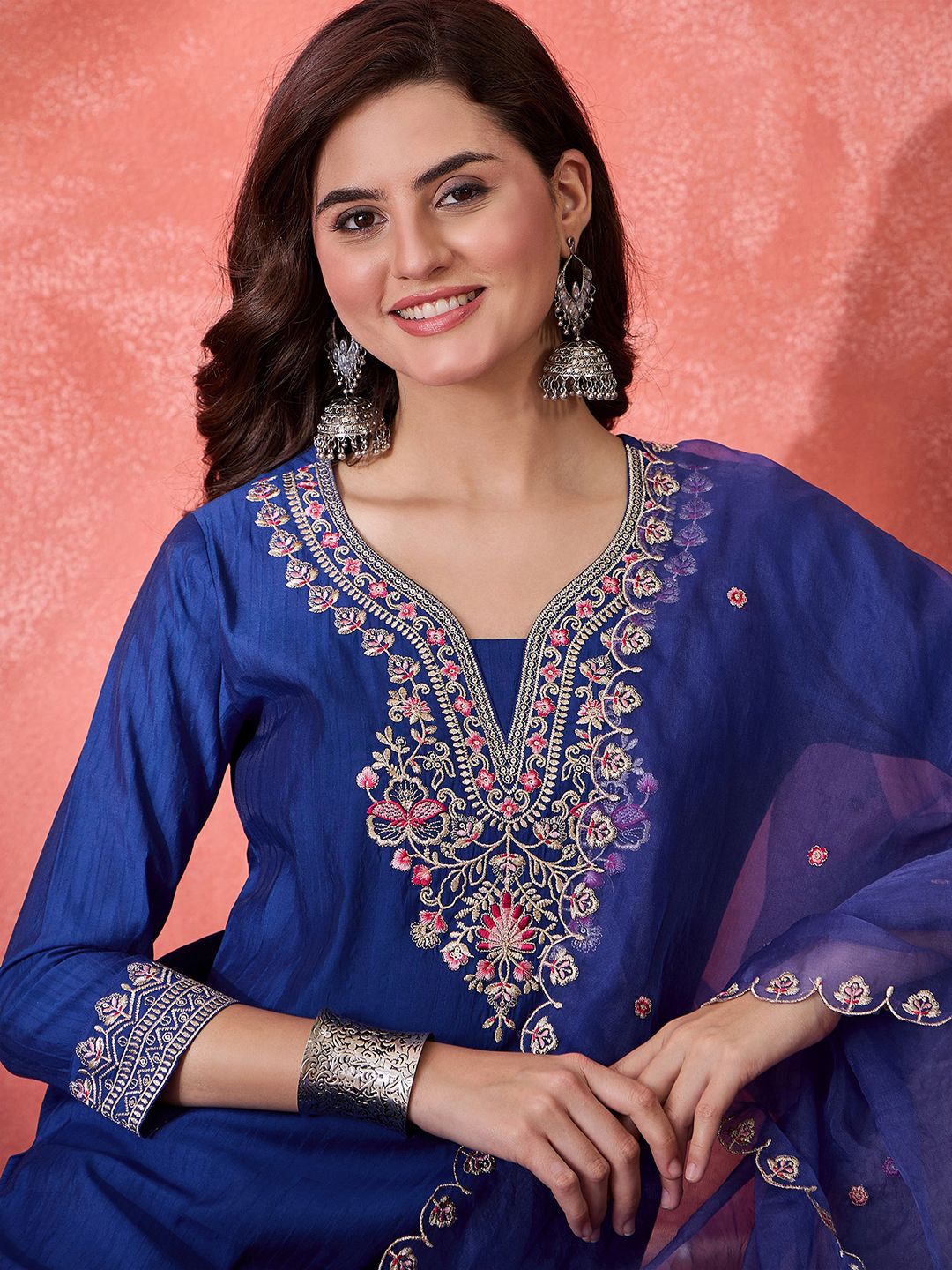 Dhiyona SN Women's Embroidered Zari Mirror Work Kurta Pant with Dupatta Set