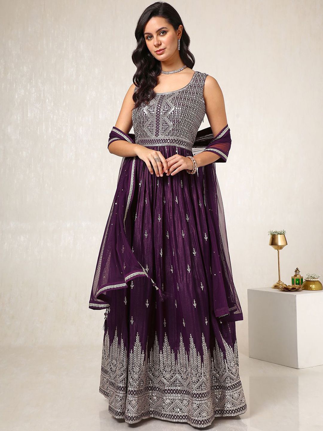Dhiyona SO Women's Geometric Embroidered Regular Sequinned Anarkali Kurta & Churidar With Dupatta