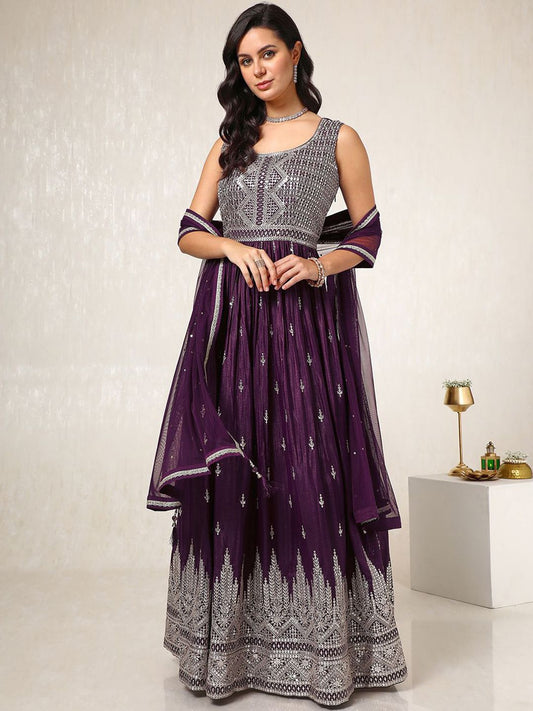 Dhiyona SO Women's Geometric Embroidered Regular Sequinned Anarkali Kurta & Churidar With Dupatta