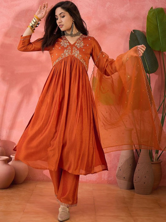 Women's Orange Floral Embroidered V-Neck A-Line Kurta With Trousers And Dupatta