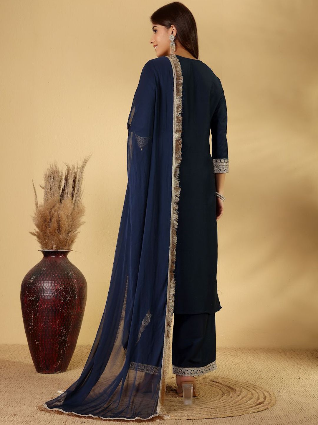 Dhiyona PD Women Floral Embroidered Notch-Neck Straight Kurta With Palazzos And Dupatta