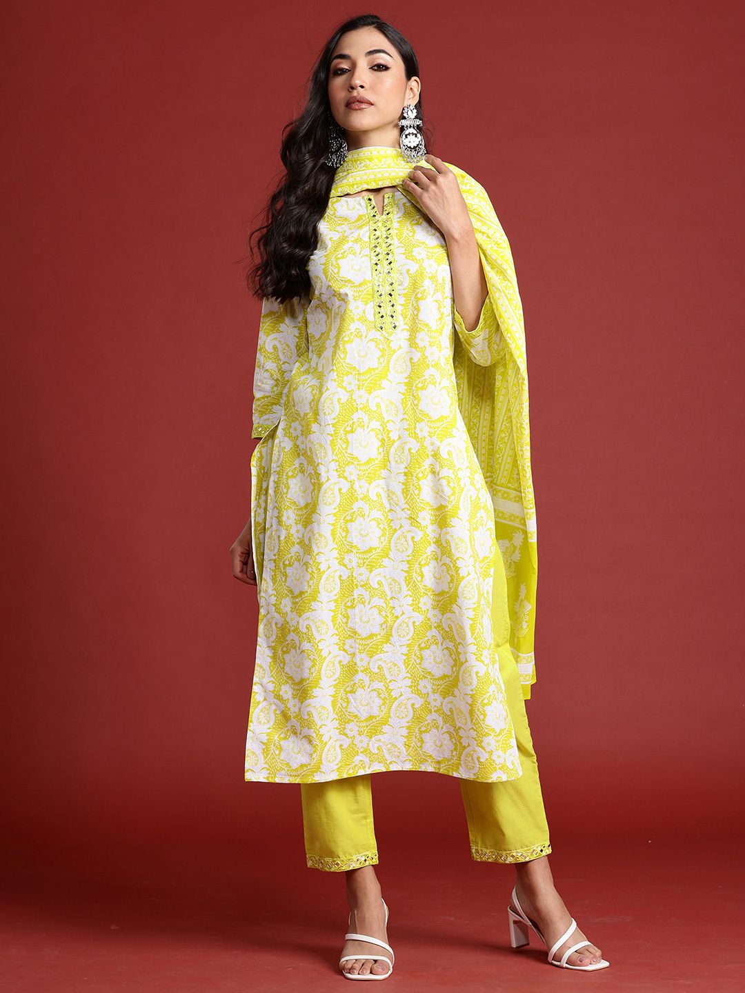 Dhiyona IE Floral Printed Mirror Work Pure Cotton Kurta With Trouser And Dupatta