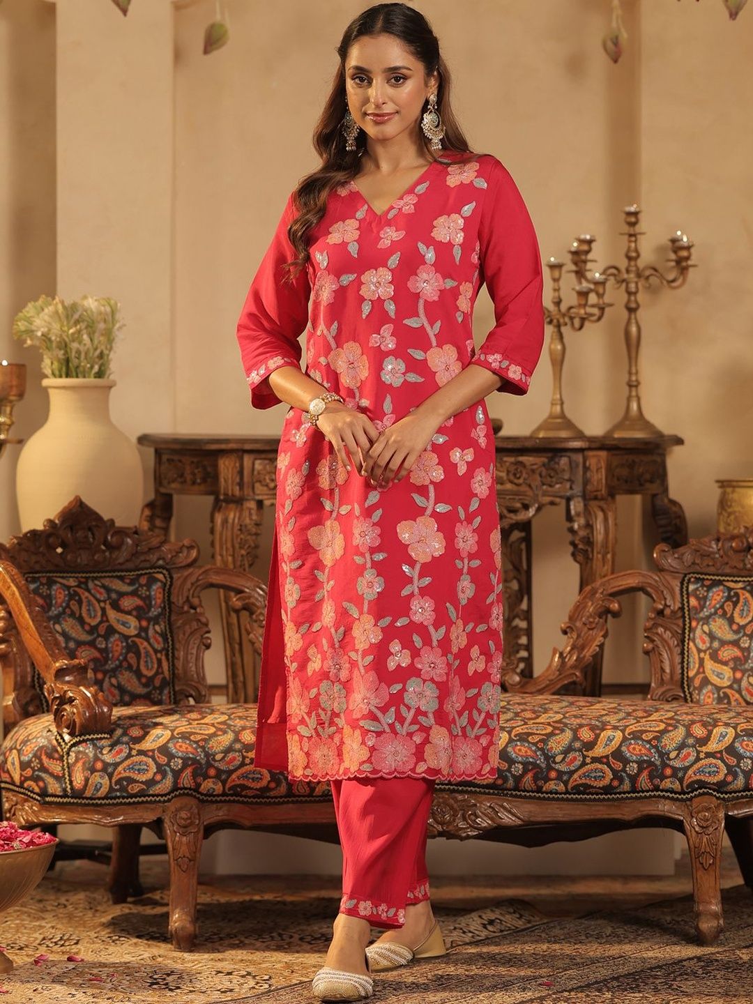 Women Floral Embroidered Regular Sequinned Straight Kurta with Trousers & Dupatta