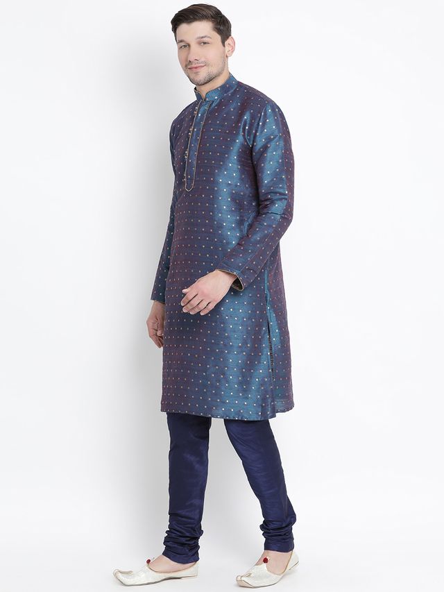 Men's Blue Silk Blend Straight Kurta Pyjama Set