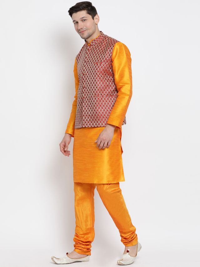 Men's Orange Silk Blend Straight Jacket  Kurta and Pyjama Set