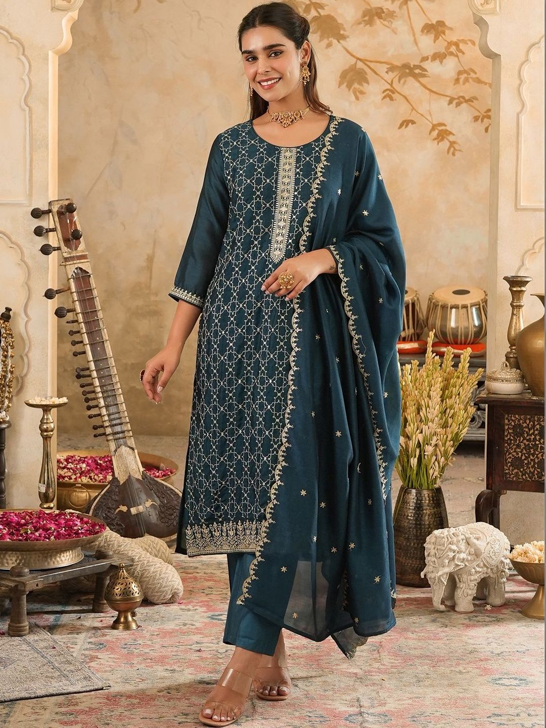 Women Ethnic Motifs Embroidered Regular Thread Work Kurta with Trousers & With Dupatta