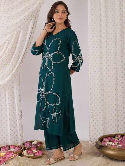 Dhiyona IE Women Floral Embroidered Regular Thread Work Kurta with Palazzos