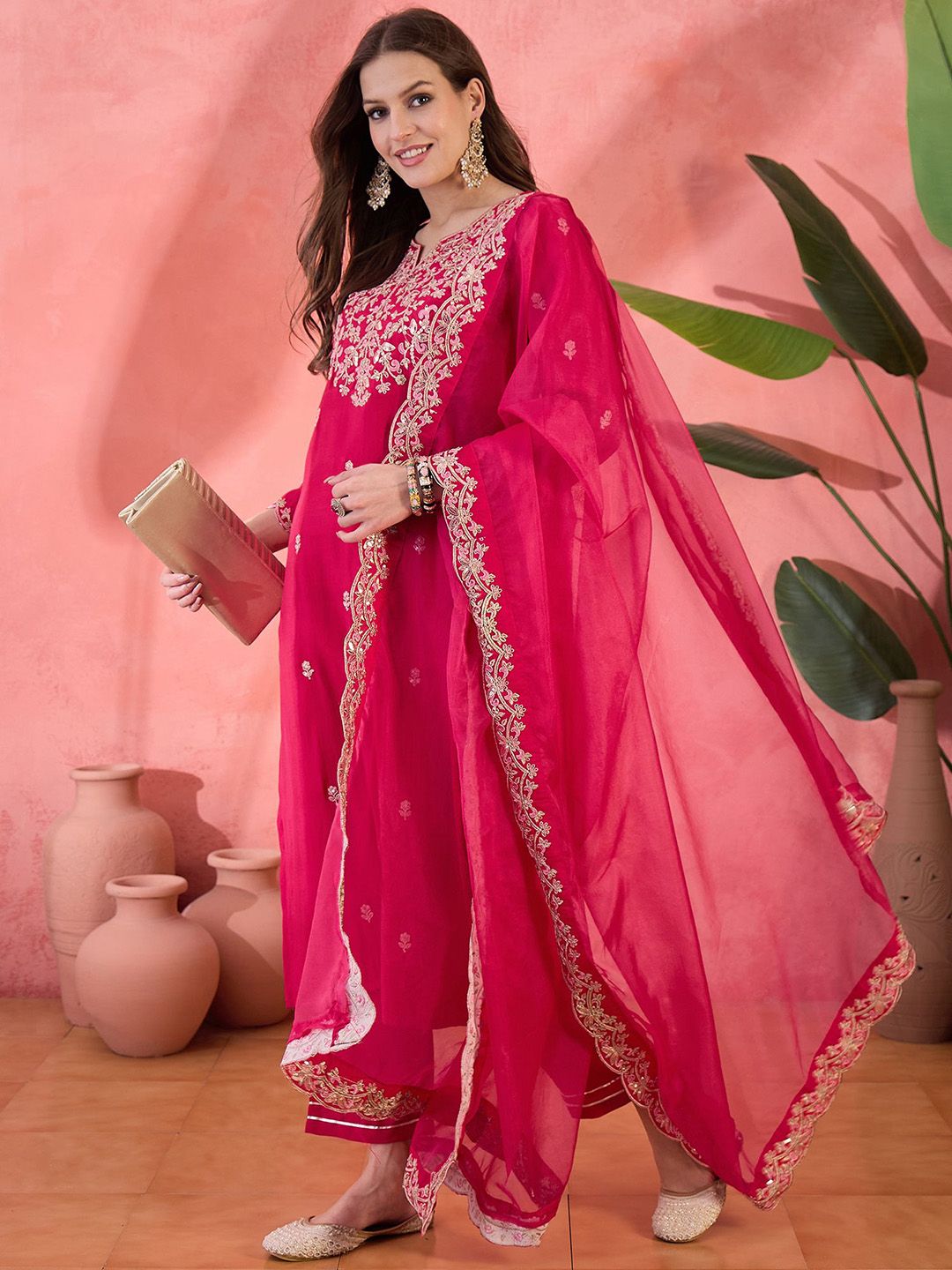Dhiyona SN Women's Floral Embroidered Notch Neck Zari Straight Kurta With Trouser & Dupatta