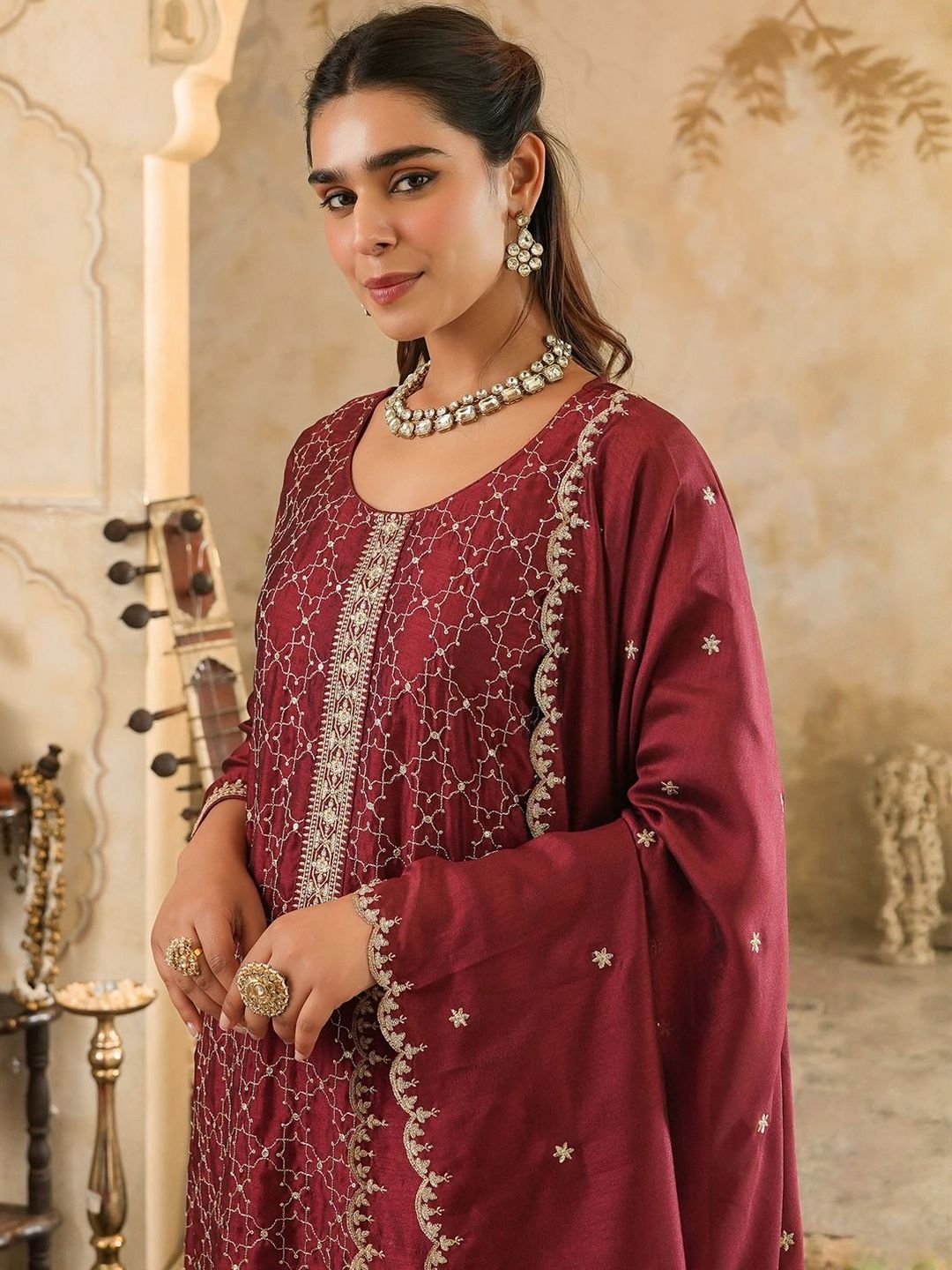 Women Ethnic Motifs Embroidered Thread Work Kurta with Trousers & Dupatta