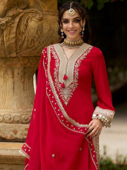 Ethnic Motifs Embroidered V-Neck Mirror Work Kurta With Trousers & Dupatta