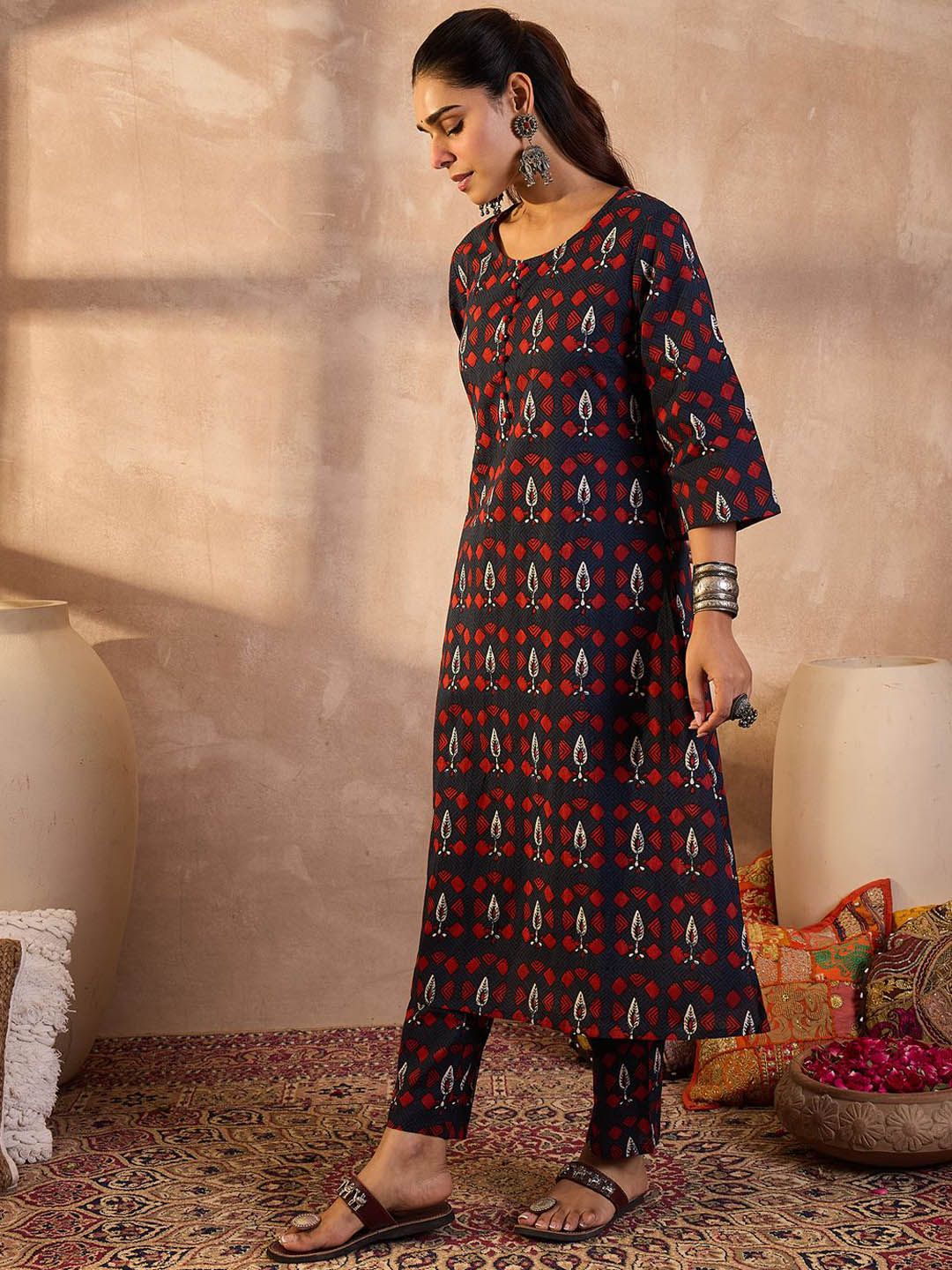Dhiyona IE Printed Round Neck Pure Cotton Tunic With Trouser