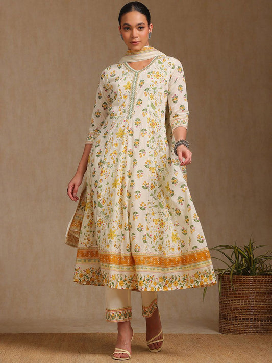 Dhiyona SO Women's Floral Printed V-Neck Panelled Anarkali Kurta With Trousers And Dupatta