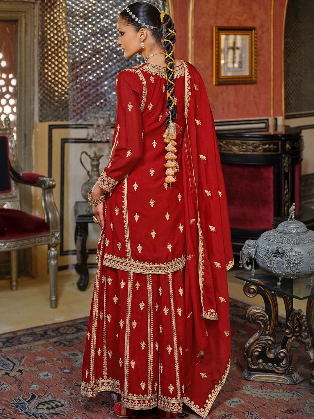 Dhiyona IE Women Ethnic Motifs Embroidered Kurta with Sharara & Dupatta