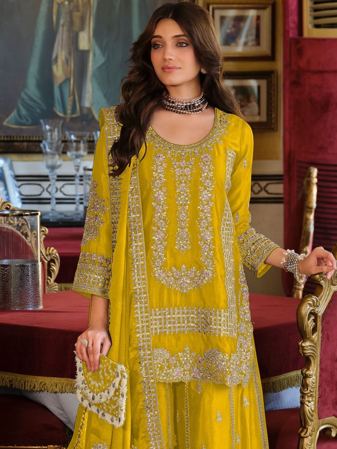 Dhiyona IE Women Ethnic Motifs Embroidered Kurta with Sharara & With Dupatta