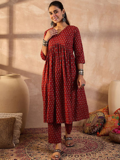 Dhiyona IE Floral Printed V-Neck Pure Cotton Tunic With Trousers