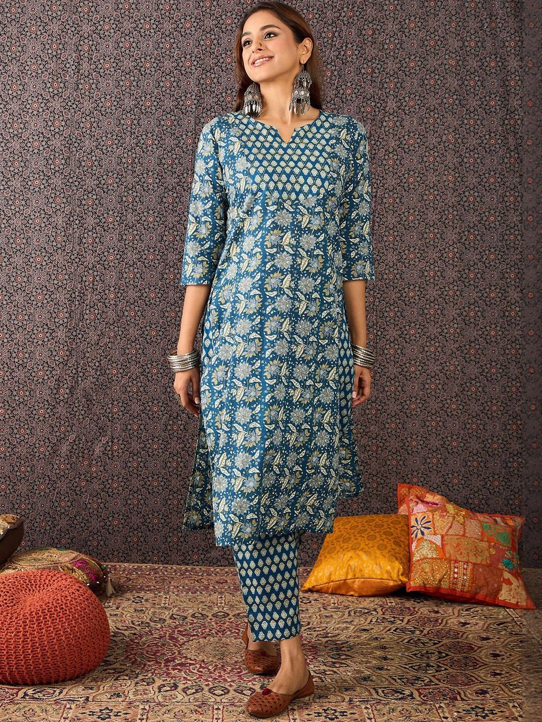 Women Ethnic Motifs Printed Cotton Kurta with Trousers & Dupatta
