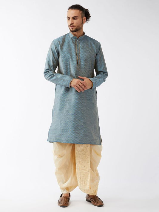 Men's Aqua Silk Blend Straight Kurta and Dhoti Set