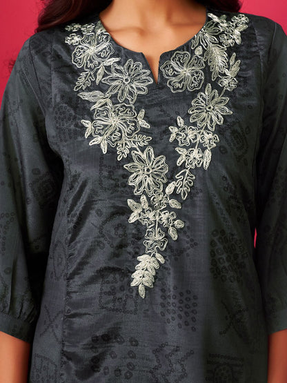 Floral Embroidered Thread Work Chinon Kurta With Trousers