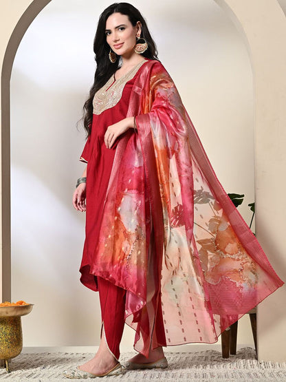 Dhiyona SN Women's Floral Yoke Design Pleated Sequinned A-Line Kurta With Dhoti Pants & Dupatta