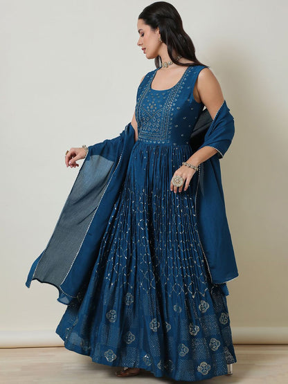 Dhiyona SO Women's Women Printed Angrakha Sequinned Kurta with Churidar & With Dupatta