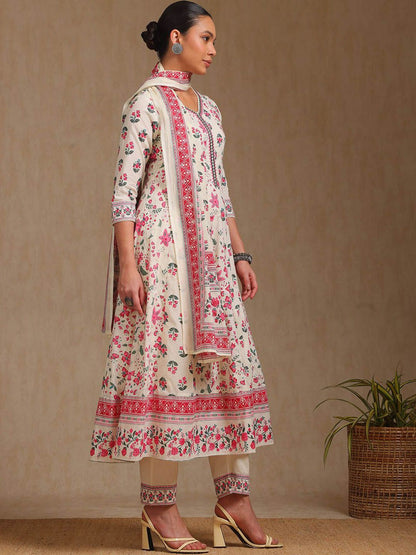 Dhiyona SO Women's Floral Printed V-Neck A-Line Kurta With Trousers And Dupatta
