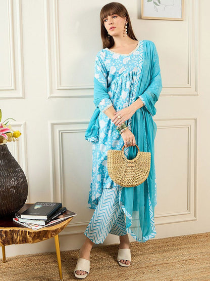 Dhiyona IE Floral Printed A-Line Mirror Work Pure Cotton Kurta with Trousers & Dupatta