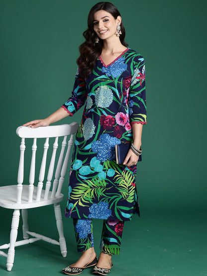 Dhiyona IE Tropical Printed V-Neck Pure Cotton Tunic With Trouser