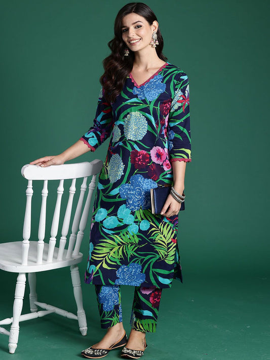 Dhiyona IE Tropical Printed V-Neck Pure Cotton Tunic With Trouser