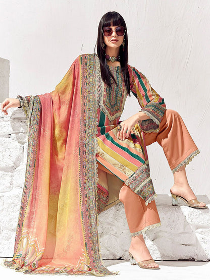 Dhiyona IE Peach Coloured Floral Printed Straight Kurta with Trousers & Dupatta