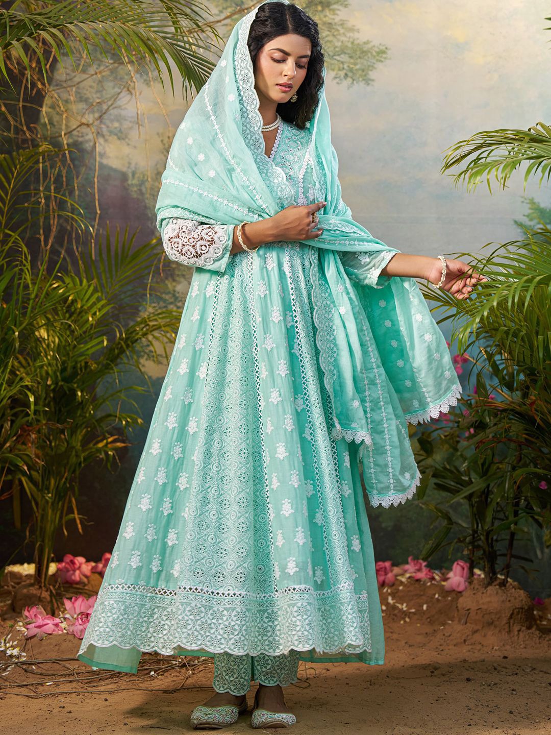 Women Floral Embroidered Cotton Kurta with Trousers & Dupatta