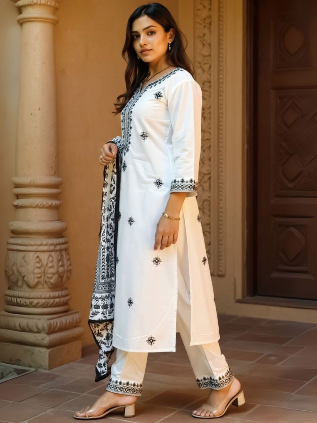 Women Embroidered Sequinned Pure Cotton Kurta with Trousers & Dupatta Kurta Sets