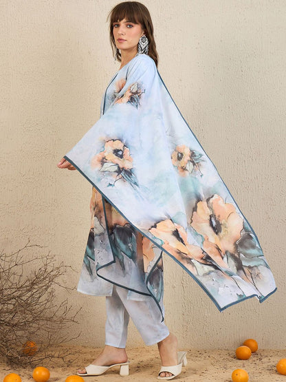 Dhiyona IE Floral Printed Beads And Stones Straight Kurta With Trousers & Dupatta