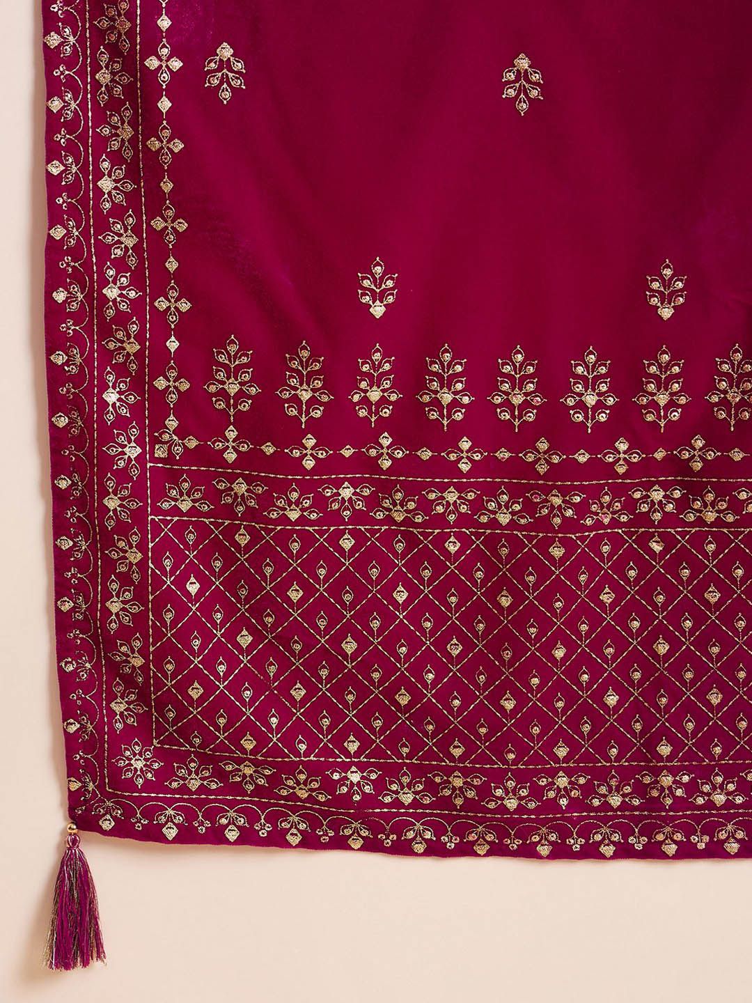 Dhiyona PD Women Floral Embroidered Velvet Straight Kurta With Trousers And Dupatta