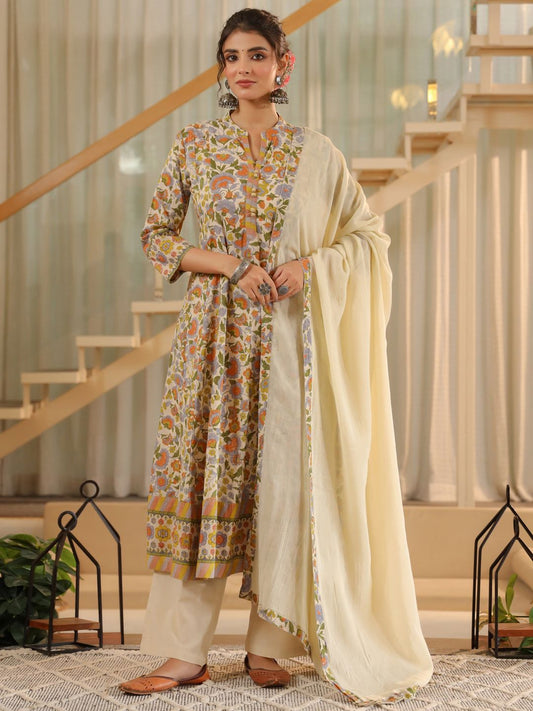 Dhiyona RR Women's Floral Printed Regular Pure Cotton Kurta with Trousers & With Dupatta