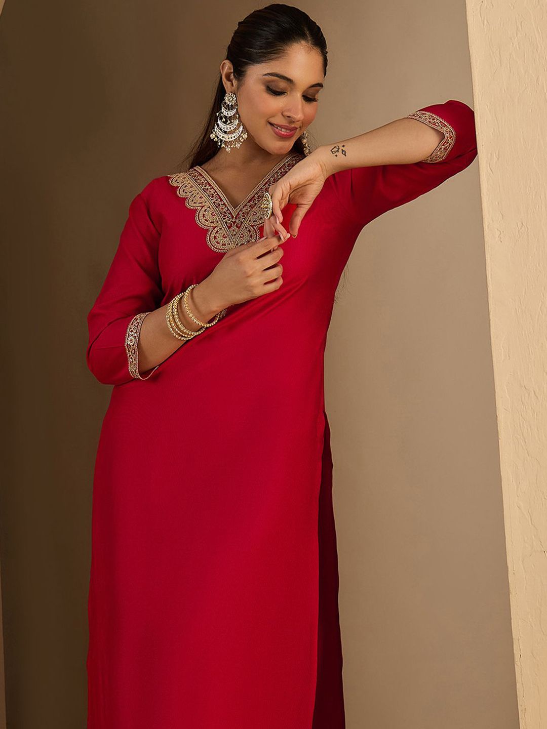 Dhiyona IE Women's Women Ethnic Motifs Embroidered Regular Straight Kurta with Trousers