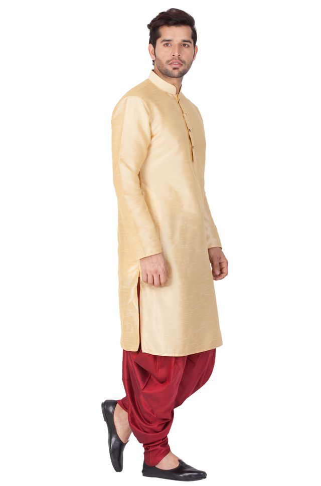 Men's Gold Silk Blend Straight Kurta and Dhoti Set