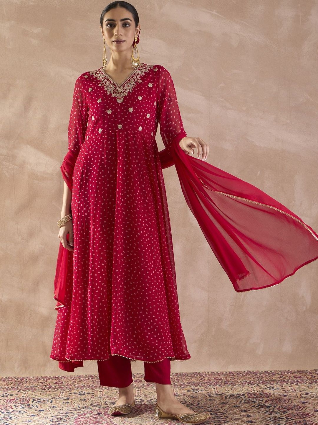 Ethnic Motifs Printed Sequinned Georgette Anarkali Kurta With Trousers & Dupatta
