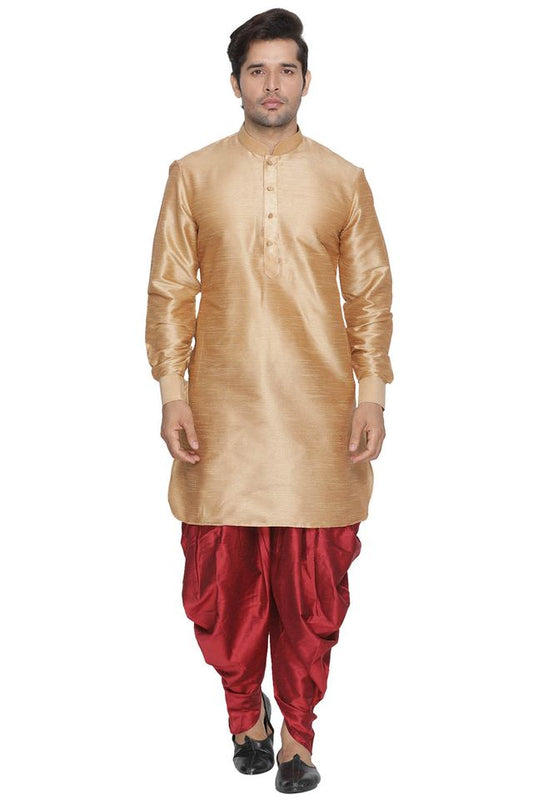 Men's Gold Silk Blend Pathani Kurta and Dhoti Set