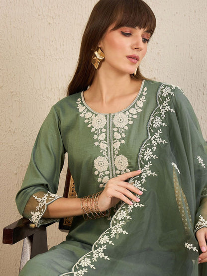 Dhiyona IE Floral Embroidered Straight Kurta With Trousers & Dupatta