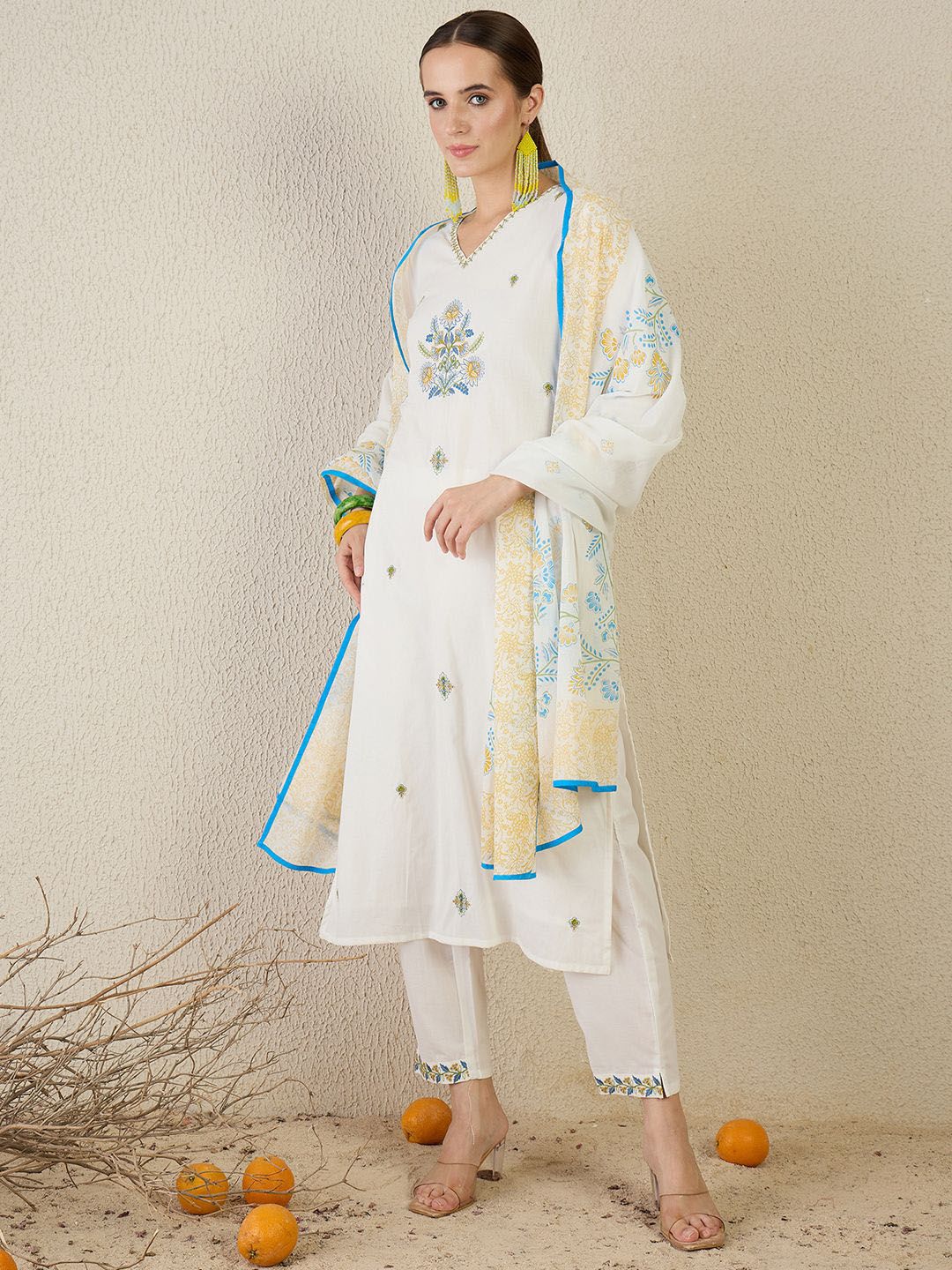 Women Floral Embroidered Cotton Kurta with Trousers & Dupatta