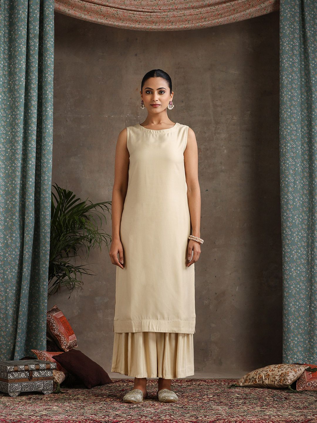 Women's Geometric Embroidered Mirror Work A-Line Kurta With Sharara & Dupatta