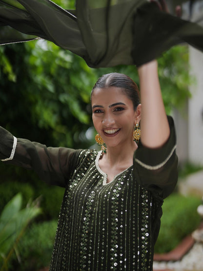 Dhiyona IE Ethnic Motifs Embroidered Sequinned Kurta With Sharara & Dupatta